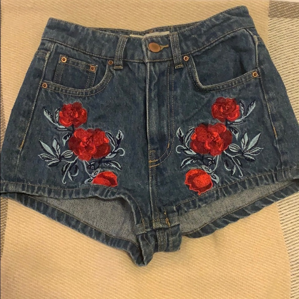 H&M Blue Denim Jean Shorts with Red Rose Embroidery Coachella Collection